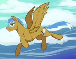 Size: 1024x804 | Tagged: safe, artist:amiookamiwolf, oc, oc only, oc:blue angel, pony, flying, magical gay spawn, male, offspring, parent:braeburn, parent:soarin', parents:soarburn, solo, stallion