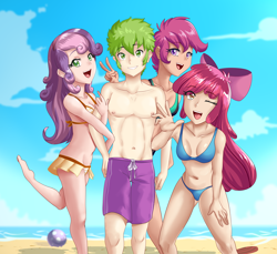 Size: 2096x1920 | Tagged: safe, artist:thebrokencog, apple bloom, scootaloo, spike, sweetie belle, human, g4, absolute cleavage, apple bloom's bow, barefoot, beach, belly button, bikini, bow, breasts, cleavage, clothes, commission, crusadespike, cutie mark crusaders, feet, female, hair bow, humanized, male, male nipples, nipples, one eye closed, peace sign, sand, ship:scootaspike, ship:spikebelle, ship:spikebloom, shipping, shorts, smiling, spike gets all the fillies, spike gets all the mares, straight, swimsuit, water, wink