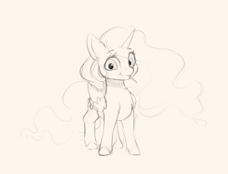 Size: 2707x2071 | Tagged: safe, artist:miokomata, princess celestia, alicorn, pony, g4, big eyes, cute, cutelestia, female, high res, looking at you, mare, monochrome, mouth hold, sketch, solo