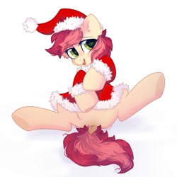 Size: 2000x2000 | Tagged: safe, alternate version, artist:mirtash, roseluck, earth pony, pony, g4, background pony, blushing, christmas, clothes, costume, dock, ear fluff, explicit source, featureless crotch, female, heart, heart eyes, high res, holiday, looking at you, mare, santa costume, simple background, solo, spread legs, spreading, wingding eyes