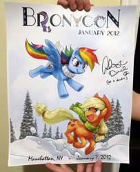 Size: 2430x3000 | Tagged: safe, artist:inkynotebook, applejack, rainbow dash, earth pony, pegasus, pony, bronycon 2012, g4, clothes, day, duo, flying, hat, high res, looking at each other, open mouth, photo, poster, running, scarf, signature, smiling, snow, tree