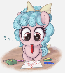 Size: 1337x1500 | Tagged: safe, artist:t72b, derpibooru exclusive, cozy glow, pegasus, pony, g4, bow, chest fluff, cozybetes, crayon, curly hair, cute, drawing, female, filly, looking down, mare, mouth hold, ponyloaf, simple background, solo