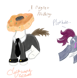 Size: 581x591 | Tagged: safe, artist:clockwork, oc, oc only, oc:inky notebook, earth pony, pony, clothes, duo, earth pony oc, headless, necktie, running, signature, simple background, white background