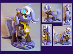 Size: 1600x1200 | Tagged: safe, artist:cadmiumcrab, oc, oc only, oc:aether naut, earth pony, pony, clothes, craft, earth pony oc, female, goggles, hoof hold, irl, looking up, mare, photo, scarf, sculpture, smiling, stopwatch, tail wrap