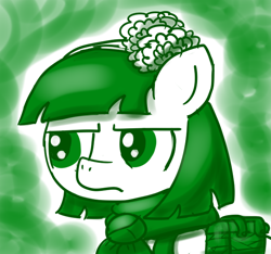 Size: 640x600 | Tagged: safe, artist:ficficponyfic, part of a set, oc, oc only, oc:mulberry telltale, cyoa:madness in mournthread, bag, clothes, cyoa, ears up, flower, frown, headband, looking to the left, monochrome, neckerchief, set brows, shawl, story included