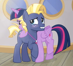 Size: 3275x3000 | Tagged: safe, artist:devfield, star tracker, twilight sparkle, alicorn, earth pony, pony, g4, once upon a zeppelin, blushing, cute, female, high res, hug, lip bite, male, mare, ship:twitracker, shipping, show accurate, stallion, straight, twilight sparkle (alicorn)