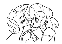 Size: 1000x720 | Tagged: safe, artist:mrs1989, trixie, pony, unicorn, equestria girls, g4, blushing, bust, female, french kiss, holding hooves, kissing, lesbian, mare, monochrome, self ponidox, simple background