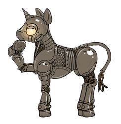 Size: 1220x1247 | Tagged: safe, artist:multiverseequine, derpibooru exclusive, oc, oc only, oc:solder gear, android, pony, robot, robot pony, unicorn, daybreak island, full body, glowing eyes, male, profile, rubbing chin, simple background, solo, stallion, transparent background