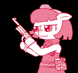 Size: 640x600 | Tagged: safe, artist:ficficponyfic, part of a set, oc, oc only, oc:mulberry telltale, cyoa:madness in mournthread, bag, bent legs, boot, clothes, cyoa, drawn gun, drawn weapon, female, floppy ears, flower, frown, glare, gun, handgun, handkerchief, headband, looking to the left, mare, monochrome, mystery, part of a series, pistol, shawl, simple background, story included, weapon