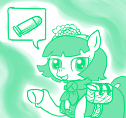 Size: 640x600 | Tagged: safe, artist:ficficponyfic, part of a set, oc, oc only, oc:mulberry telltale, cyoa:madness in mournthread, ammunition, bag, boots, bullet, clothes, cyoa, dress, ears up, flower, friendly, headband, monochrome, neckerchief, open mouth, raised hoof, shawl, shoes, speech bubble, story included