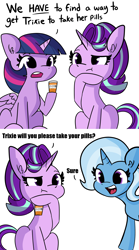 Size: 2250x4052 | Tagged: safe, artist:tjpones edits, edit, starlight glimmer, trixie, twilight sparkle, alicorn, pony, unicorn, g4, bottle, dialogue, everything is fixed, female, hoof on chin, mare, medicine, simple background, sitting, that was easy, trixie's pills, twilight sparkle (alicorn), white background