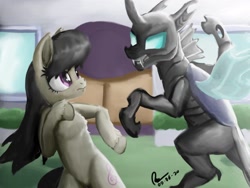 Size: 1600x1200 | Tagged: safe, artist:raphaeldavid, octavia melody, changeling, earth pony, pony, once upon a time in canterlot, g4, badass, bipedal, female, fight, mare, scene interpretation, signature