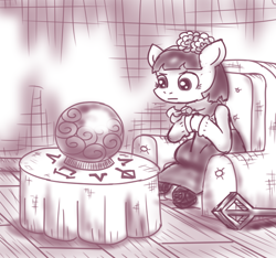 Size: 640x600 | Tagged: safe, artist:ficficponyfic, part of a set, oc, oc only, oc:mulberry telltale, cyoa:madness in mournthread, boots, clothes, crystal ball, cyoa, dress, ears up, enchanted crystal ball, enchanted table, flower, headband, hooves together, intense, intense stare, magic runes, monochrome, neckerchief, pursed lips, shawl, shoes, sitting in chair, story included, table, watching
