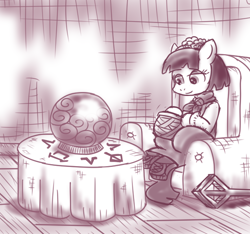 Size: 640x600 | Tagged: safe, artist:ficficponyfic, part of a set, oc, oc only, oc:mulberry telltale, cyoa:madness in mournthread, bag, boots, chair, clothes, container, crystal ball, cyoa, dress, ears up, enchanted crystal ball, enchanted table, eyeshadow, flower, headband, magic runes, makeup, monochrome, neckerchief, open bag, shawl, shoes, sitting in chair, smiling, story included