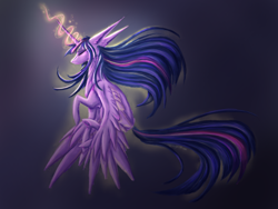 Size: 4000x3000 | Tagged: safe, artist:onyxstreak, twilight sparkle, alicorn, pony, g4, eyes closed, female, floating, glowing horn, horn, large wings, long ears, long mane, long tail, magic, mare, signature, simple background, solo, tail, twilight sparkle (alicorn), wings