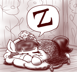 Size: 640x600 | Tagged: safe, artist:ficficponyfic, part of a set, oc, oc only, oc:mulberry telltale, cyoa:madness in mournthread, blanket, cushion, cyoa, ears up, eyes closed, flower, head resting on leg, headband, lying down, monochrome, neckerchief, sleeping, speech bubble, story included