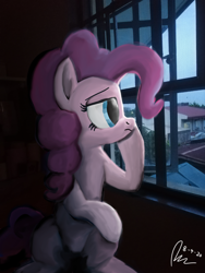 Size: 3456x4608 | Tagged: safe, artist:raphaeldavid, pinkie pie, earth pony, pony, g4, autodesk sketchbook, female, irl, looking out the window, photo, ponies in real life, ponk, sad, signature, solo, window