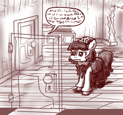 Size: 640x600 | Tagged: safe, artist:ficficponyfic, part of a set, oc, oc only, oc:mulberry telltale, cyoa:madness in mournthread, bag, boots, clothes, counter, cyoa, door, dress, ears up, flower, headband, hole in wall, listening through door, monochrome, neckerchief, pursed lips, set brows, shawl, shoes, speech bubble, story included, transparant wall, unamused