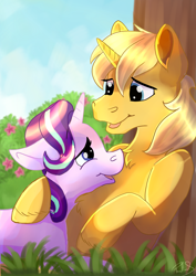 Size: 2480x3507 | Tagged: safe, artist:ryla, starlight glimmer, oc, oc:sunlight bolt, pony, unicorn, g4, canon x oc, commission, cuddling, glimmbolt, high res, looking at each other, romantic, ych result