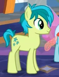 Size: 199x261 | Tagged: safe, screencap, ocellus, sandbar, earth pony, pony, g4, uprooted, cropped, offscreen character, side view, smiling, solo focus