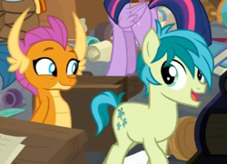 Size: 396x286 | Tagged: safe, screencap, gallus, sandbar, smolder, twilight sparkle, alicorn, dragon, earth pony, griffon, pony, a rockhoof and a hard place, g4, butt, cropped, cropped tail, cute, dragoness, duo focus, female, looking at each other, looking back, offscreen character, open mouth, plot, smiling, twibutt, twilight sparkle (alicorn)