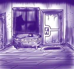 Size: 640x600 | Tagged: safe, artist:ficficponyfic, part of a set, cyoa:madness in mournthread, cup, curtains, cyoa, door, door mat, empty room, monochrome, shadow, shadow on curtains, story included, table, teacup