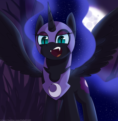 Size: 4000x4100 | Tagged: safe, artist:felixf, nightmare moon, alicorn, pony, g4, ethereal mane, fangs, female, full moon, mare, moon, night, nightmare night, signature, slit pupils, solo, spread wings, wings