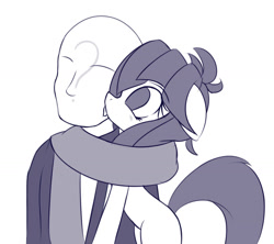 Size: 1465x1303 | Tagged: safe, artist:an-m, oc, oc only, oc:abstract module, oc:anon, human, pony, clothes, grayscale, licking, monochrome, scarf, simple background, tongue out, white background