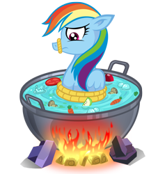 Size: 1818x2000 | Tagged: safe, artist:wangkingfun, rainbow dash, pegasus, pony, g4, magical mystery cure, bondage, carrot, cooked alive, cooking, cooking vore, female, fire, floppy ears, food, implied cannibalism, implied vore, mare, mushroom, person as food, pot, simple background, solo, transparent background, unsexy bondage