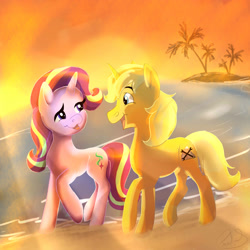 Size: 2300x2300 | Tagged: safe, artist:ryla, starlight glimmer, oc, oc:sunlight bolt, pony, unicorn, g4, beach, canon x oc, commission, date, glimmbolt, high res, romantic, sunset, ych result