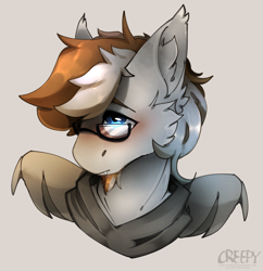 Size: 2268x2340 | Tagged: safe, artist:suplolnope, oc, oc:times one, bat pony, pony, clothes, facial hair, glasses, high res, male, scarf, stallion