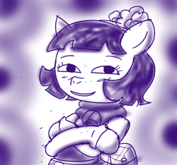 Size: 640x600 | Tagged: safe, artist:ficficponyfic, part of a set, oc, oc only, oc:mulberry telltale, cyoa:madness in mournthread, bag, blushing, cresent eyes, crossed legs, cyoa, ears up, flower, headband, looking at you, monochrome, neckerchief, smiling, story included