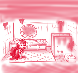 Size: 640x600 | Tagged: safe, artist:ficficponyfic, part of a set, oc, oc only, oc:mulberry telltale, cyoa:madness in mournthread, bag, bathroom, bathroom stall, boots, broken mirror, cabinet, cyoa, dirty, ears up, empty toilet paper spool, flower, headband, monochrome, neckerchief, shoes, sink, story included, toilet, wide eyes