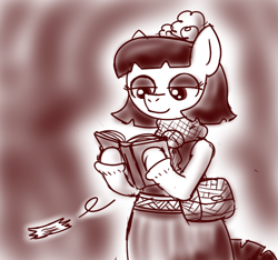 Size: 640x600 | Tagged: safe, artist:ficficponyfic, part of a set, oc, oc only, oc:mulberry telltale, cyoa:madness in mournthread, bag, bipedal, cyoa, ears up, eyeshadow, flower, headband, makeup, monochrome, neckerchief, open book, reading, smiling, story included