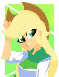 Size: 2376x3096 | Tagged: safe, artist:xan-gelx, applejack, equestria girls, g4, adorable face, beautiful, beautiful eyes, beautiful hair, clothes, cowboy hat, cowgirl, cute, female, freckles, green eyes, hat, high res, jackabetes, smiling, solo, stetson, yellow hair