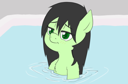 Size: 1402x925 | Tagged: safe, artist:happy harvey, oc, oc only, oc:filly anon, earth pony, pony, bath, bathtub, blushing, colored pupils, female, filly, lidded eyes, looking at you, phone drawing, solo, water