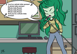 Size: 2893x2039 | Tagged: safe, artist:pony4koma, edit, wallflower blush, equestria girls, equestria girls specials, g4, my little pony equestria girls: better together, my little pony equestria girls: forgotten friendship, ac/dc, computer, female, high res, keyboard, lyrics, microphone, monitor, rock (music), singing, solo, song reference, text, whole lotta rosie