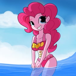 Size: 3375x3375 | Tagged: safe, artist:tjpones, pinkie pie, equestria girls, beach, beach shorts swimsuit, breasts, busty pinkie pie, cleavage, clothes, cute, diapinkes, female, legs in the water, ocean, one-piece swimsuit, pinkie pie swimsuit, pinkie pie's beach shorts swimsuit, sleeveless, smiling, solo, swimsuit