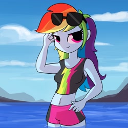 Size: 2925x2925 | Tagged: safe, artist:tjpones, rainbow dash, equestria girls, g4, beach, beach shorts swimsuit, belly button, breasts, busty rainbow dash, clothes, cool, female, hand on hip, high res, midriff, ocean, rainbow dash's beach shorts swimsuit, reasonably sized breasts, shorts, smiling, smirk, smug, smugdash, solo, sports bra, sports shorts, sunglasses, swimming trunks, swimsuit