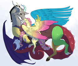 Size: 1300x1100 | Tagged: safe, artist:arexstar, discord, fluttershy, pony, g4, female, male, ship:discoshy, shipping, size difference, straight, two toned wings, wings