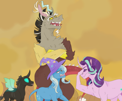 Size: 2683x2236 | Tagged: safe, artist:m00n-fruit, discord, starlight glimmer, thorax, trixie, changeling, draconequus, pony, unicorn, g4, to where and back again, chest fluff, facehoof, female, high res, male, mare, reformed four