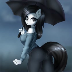 Size: 2048x2048 | Tagged: safe, artist:yutakira92, oc, oc only, oc:lodey darkshine, earth pony, anthro, anthro oc, boobs and butt pose, clothes, ear piercing, eyeshadow, female, high res, jewelry, makeup, mare, piercing, shoulderless, solo, umbrella, ych result
