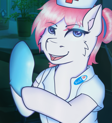 Size: 2753x3000 | Tagged: safe, artist:legionsunite, nurse redheart, earth pony, pony, g4, album, album parody, blink 182, enema of the state, female, gloves, high res, mare, nurse outfit, rubber gloves