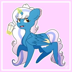 Size: 1920x1920 | Tagged: safe, artist:serinabeauty, oc, oc:fleurbelle, alicorn, pony, adorabelle, alicorn oc, bow, bubble tea, chibi, cute, female, hair bow, horn, mare, pink background, simple background, smiling, trotting, wings, yellow eyes