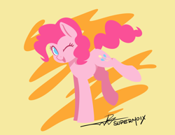 Size: 1584x1224 | Tagged: safe, artist:supermoix, pinkie pie, earth pony, pony, g4, abstract background, cute, female, lineless, looking at you, mare, no pupils, one eye closed, open mouth, solo, wink