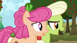 Size: 1280x720 | Tagged: safe, screencap, apple rose, granny smith, earth pony, pony, apple family reunion, g4, duo, duo female, female, mare, open mouth, young, young apple rose, young granny smith, younger