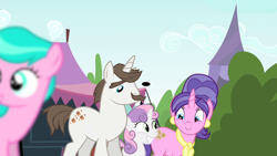 Size: 1280x720 | Tagged: safe, screencap, aquamarine, cookie crumbles, hondo flanks, sweetie belle, pony, unicorn, g4, inspiration manifestation, female, filly, male, mare, ship:cookieflanks, shipping, stallion, straight