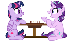 Size: 2000x1200 | Tagged: safe, artist:yaco, starlight glimmer, twilight sparkle, alicorn, pony, unicorn, g4, chess, chess piece, chessboard, duo, female, mare, open mouth, raised hoof, simple background, sitting, table, twilight sparkle (alicorn), white background