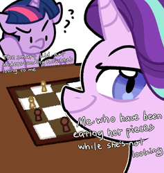 Size: 900x950 | Tagged: safe, artist:yaco, starlight glimmer, twilight sparkle, alicorn, pony, unicorn, g4, chess, chess piece, chessboard, confused, dialogue, female, mare, meme, open mouth, ponified animal photo, question mark, raised hoof, simple background, sitting, smiling, smirk, smug, smuglight glimmer, table, twilight sparkle (alicorn), wat, white background