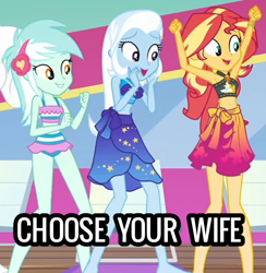 Size: 1144x1173 | Tagged: safe, edit, edited screencap, screencap, lyra heartstrings, sunset shimmer, trixie, human, equestria girls, g4, i'm on a yacht, my little pony equestria girls: better together, armpits, beach shorts swimsuit, belly button, bikini, bikini bottom, bikini top, chair, choose your wife, clothes, cropped, cute, diatrixes, female, frilled swimsuit, geode of empathy, geode of fauna, geode of shielding, geode of sugar bombs, geode of super speed, geode of super strength, geode of telekinesis, lyra's beach shorts swimsuit, lyrabetes, magical geodes, sarong, shimmerbetes, sleeveless, sunset shimmer beach shorts swimsuit, swimsuit, teenager, trio, trio female, trixie beach shorts swimsuit